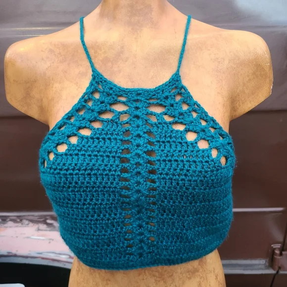 Teal 90s y2k punk goth crochet corset back handmade crochet crop top size m-l - Picture 2 of 9